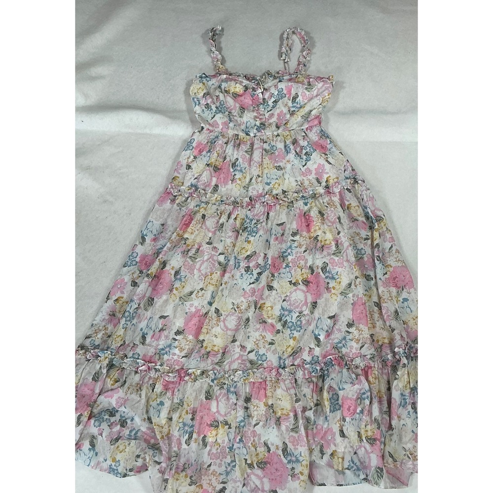Storia Floral Tiered Maxi Dress Small Pink Blue Ruffle Sweetheart JD5614